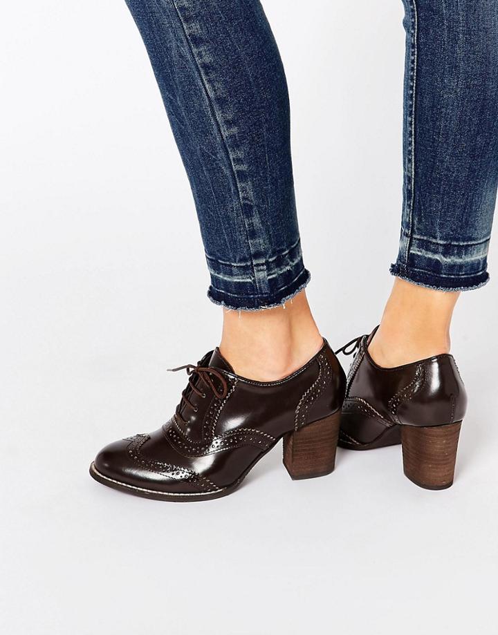 Park Lane Brogue Mid Leather Heeled Shoes - Brown