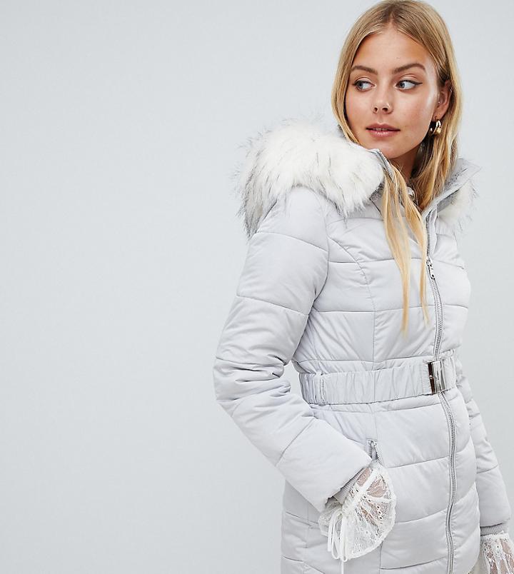 Miss Selfridge Longline Padded Jacket With Faux Fur Trim In Gray - Multi