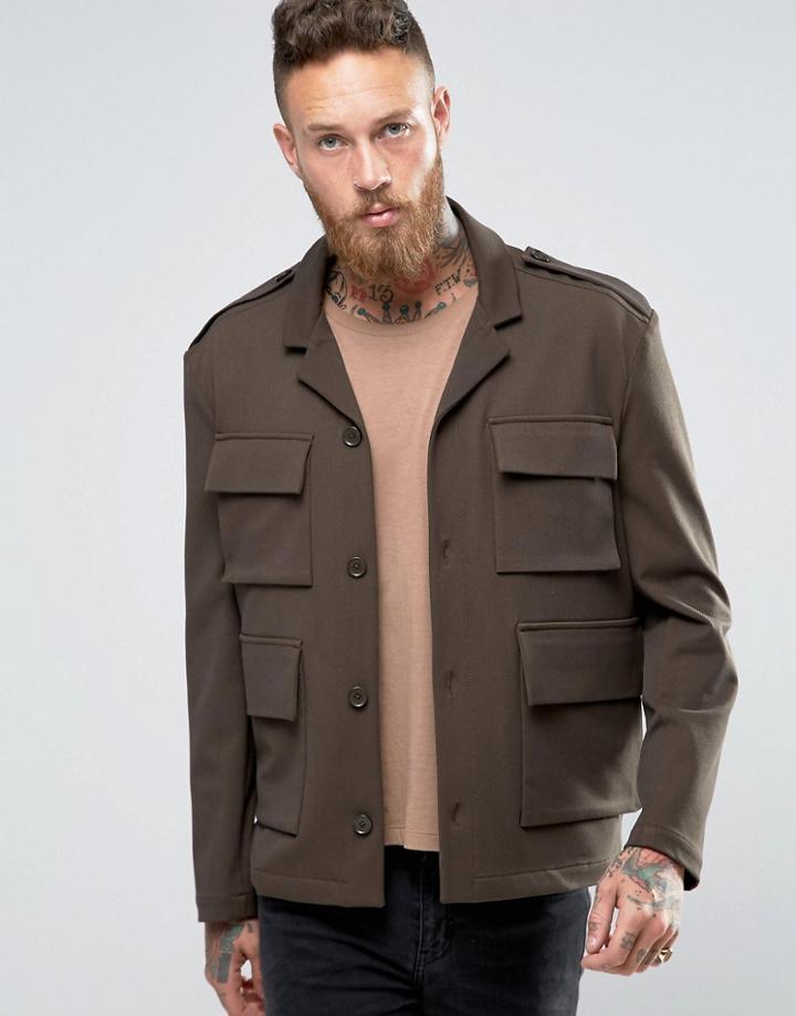 Asos Slim Fit Jacket In Khaki With Utility Pocket Detail - Green