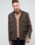 Asos Slim Fit Jacket In Khaki With Utility Pocket Detail - Green