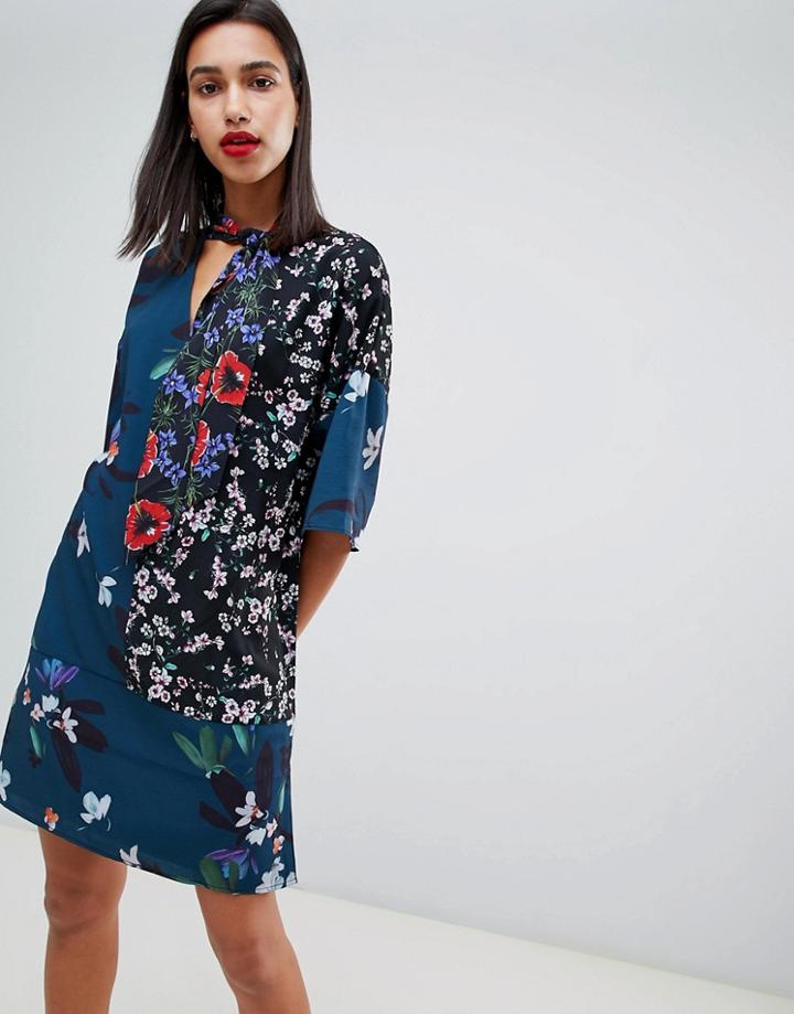 French Connection Celia Patchwork Floral Print Tie Neck Dress