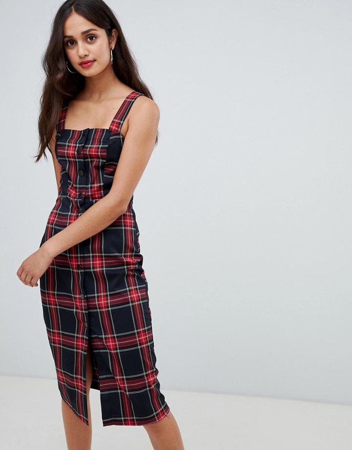 Bershka Button Front Check Midi Dress - Red