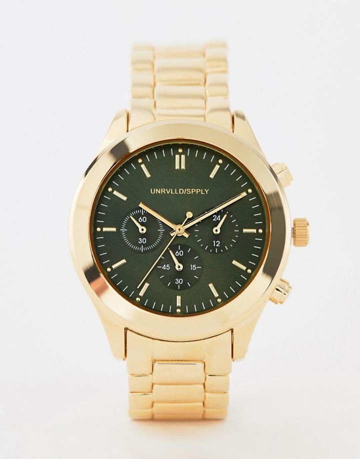 Asos Design Gold Plated Bracelet Watch With Contrast Olive Dial - Gold