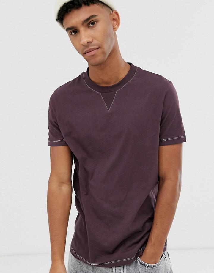 Asos Design T-shirt With Modesty V And Contrast Stitching In Dark Purple-red