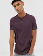 Asos Design T-shirt With Modesty V And Contrast Stitching In Dark Purple-red