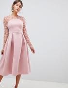 Asos Design 3d Floral Lace Bandeau Scuba Prom Midi Dress - Pink
