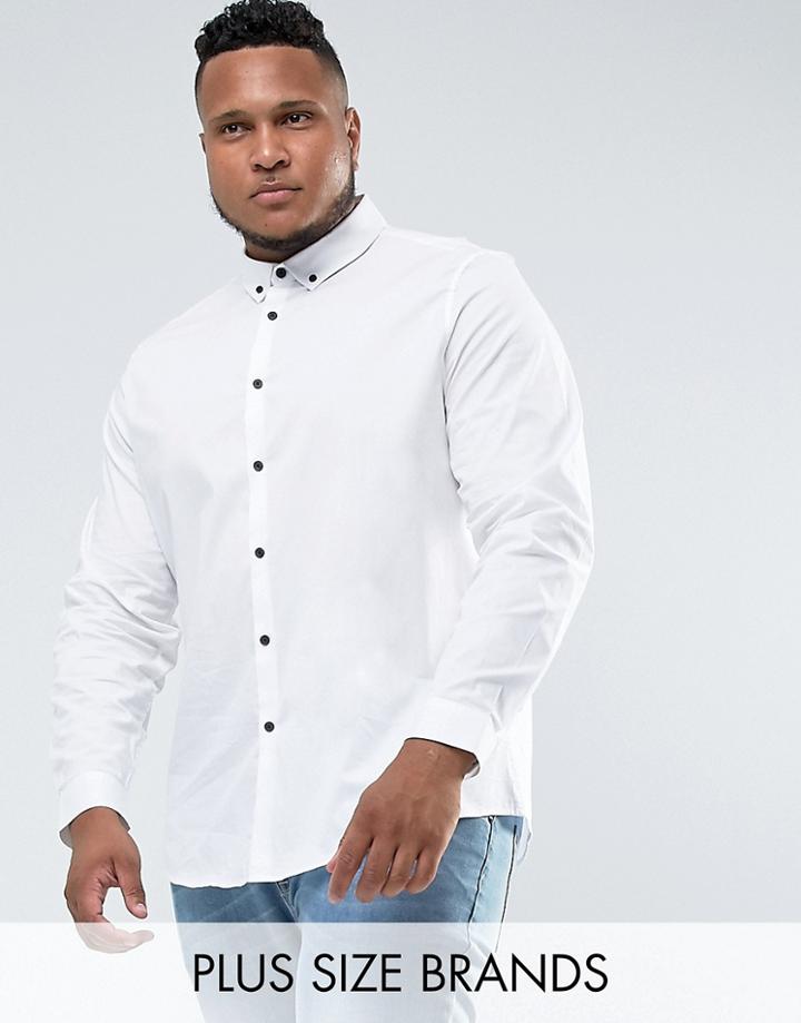 Asos Plus Stetch Slim Fit Shirt In With Contrast Buttons - White