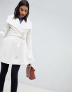 Asos Design Waterfall Collar Coat With Tie Belt-cream