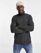 Asos Design Knitted Cotton Roll Neck Sweater In Charcoal Heather-grey