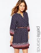 Yumi Petite Belted Dress In Border Print - Navy