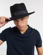 Asos Design Wool Wide Brim Pork Pie Hat In Black With Band And Size Adjuster