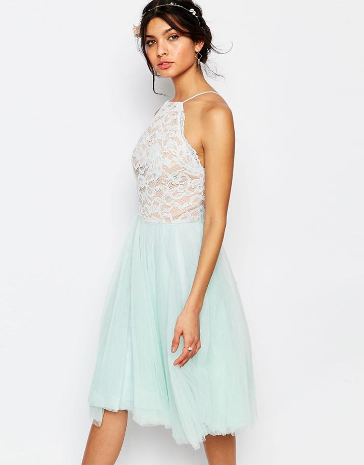 Jarlo Petite High Neck Lace Top Prom Skater Dress With Tulle Skirt - Green