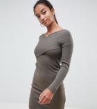 Asos Design Petite Knitted Dress With Wrap Front-green