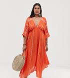En Creme Curve Plunge Front Maxi Dress With Embroidered Kimono Sleeves - Orange