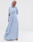 Asos Design Maxi Dress With Wrap Waist And Long Sleeve - Blue