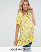 Asos Maternity Tee With Asymmetric Ruffle Hem - Yellow