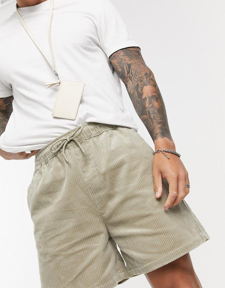 Asos Design Wide Fit Shorts In Beige Cord-neutral