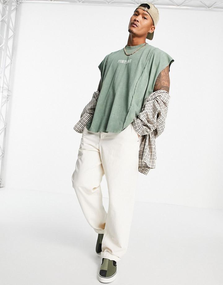 Asos Design Oversized Tank In Green With Dipped Hem And Text Print