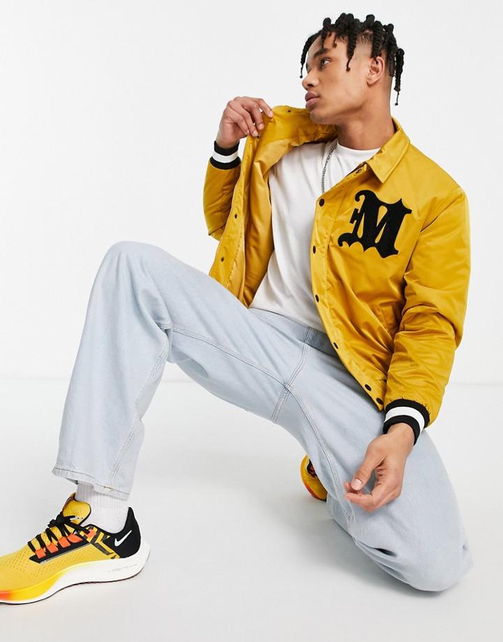 Mennace Varsity Bomber Jacket In Yellow With Gothic Logo