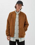 Pull & Bear Faux Suede Bomber Jacket In Brown