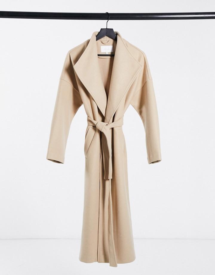 Vila Waterfall Maxi Coat With Tie Waist In Beige-neutral