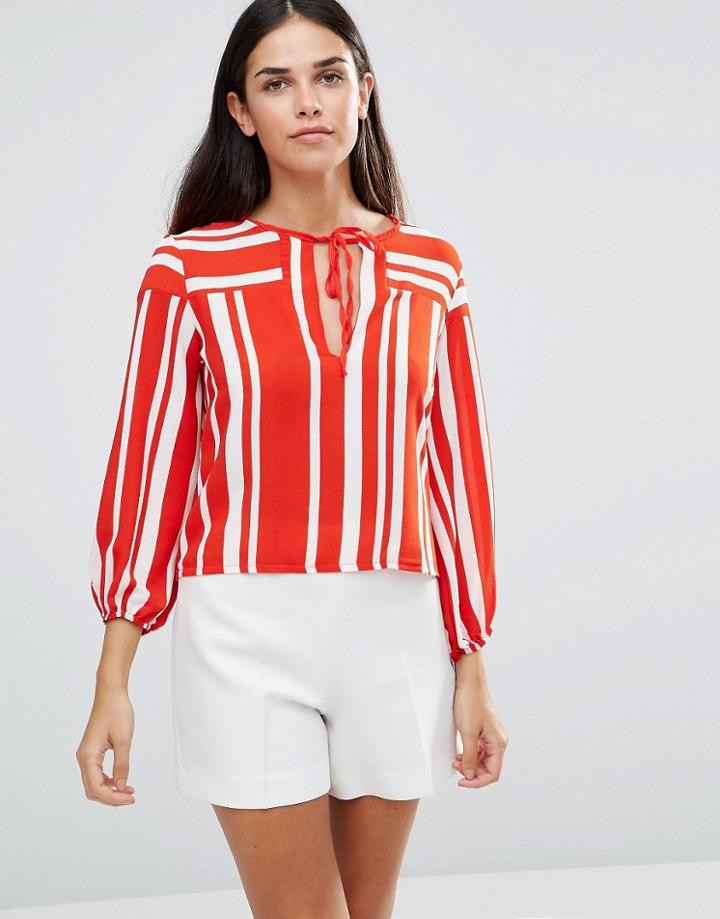 Tfnc Striped Top With Tie Front - Red