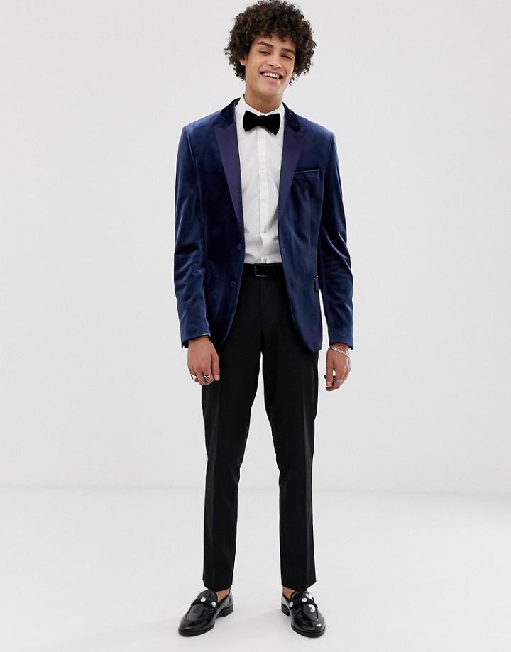 Asos Design Skinny Tuxedo Prom Blazer In Navy Velvet - Navy