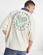 Asos Design Oversized Polo T-shirt In Beige With Tennis Back Print-neutral