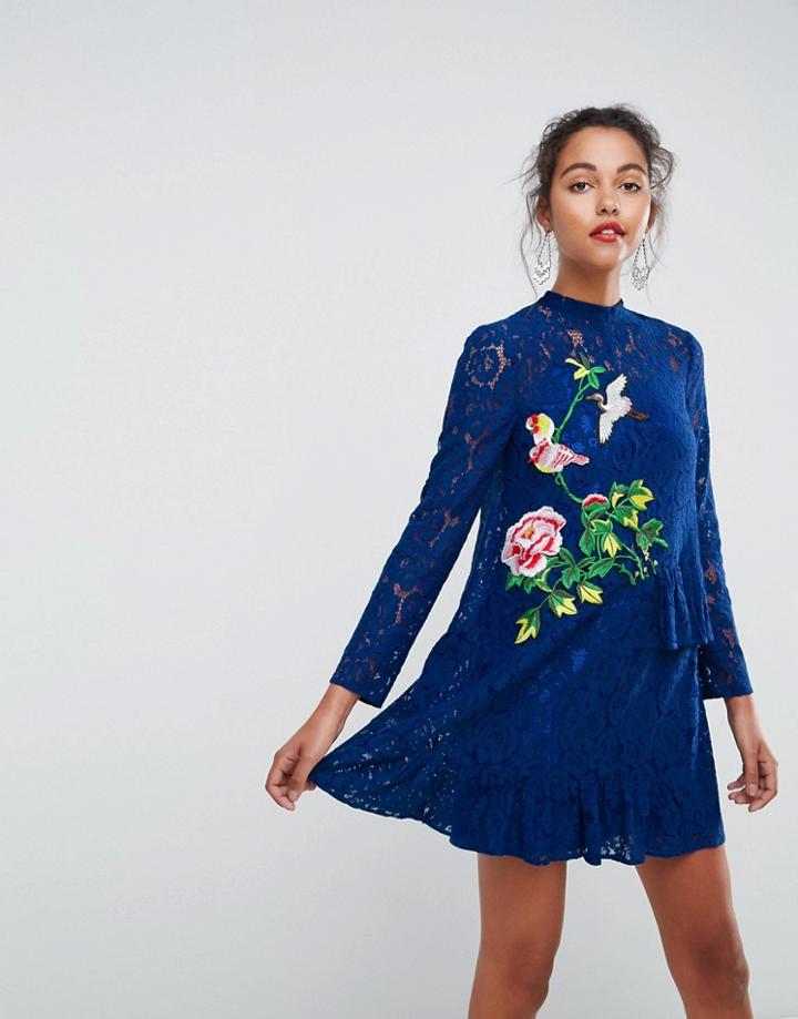 Asos Lace Mini Shift Dress With Embroidery - Multi