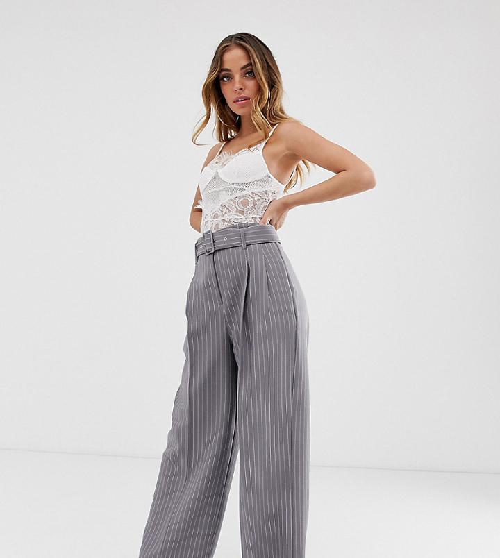 Asos Design Petite Belted Wide Leg Pants In Pinstripe-multi