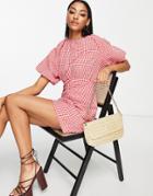 Trendyol Puff Sleeve Mini Dress In Red Gingham Check