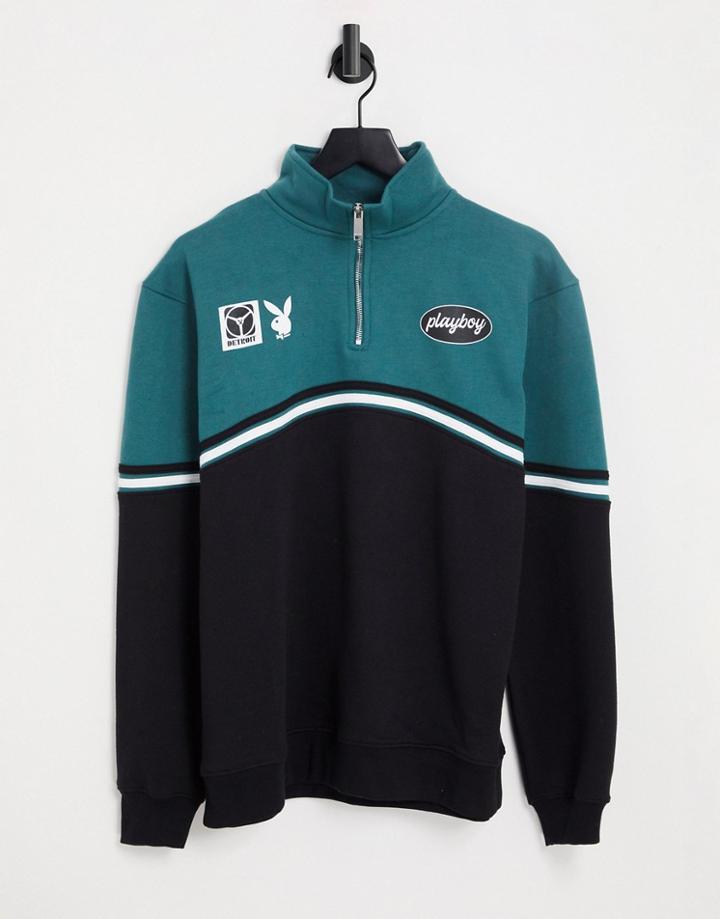 Mennace X Playboy Half Zip Sweatshirt In Black And Green Color Blocking - Part Of A Set