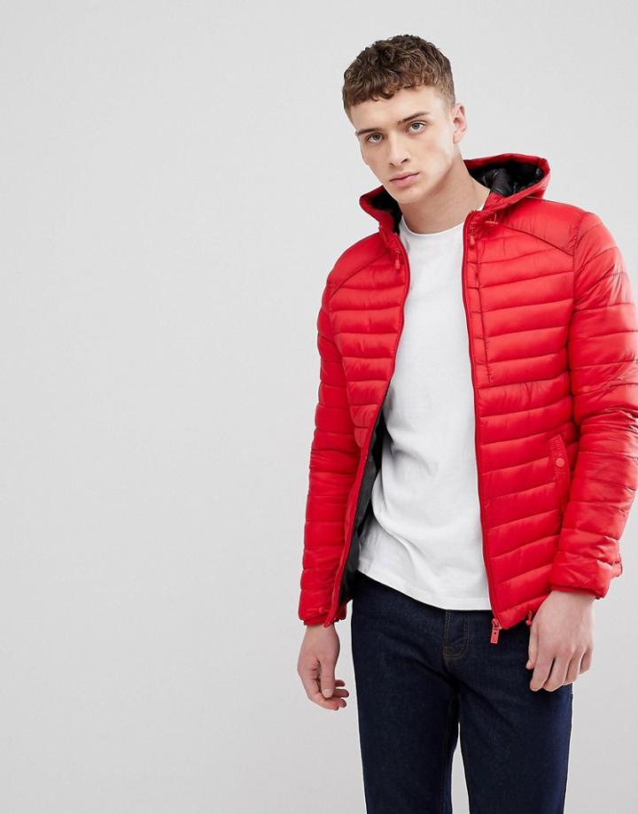 Bershka Hooded Puffer Jacket In Red - Red
