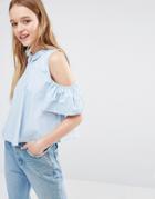 Neon Rose Cold Shoulder Top With Ruffle Sleeves And Collar Detail - Blue