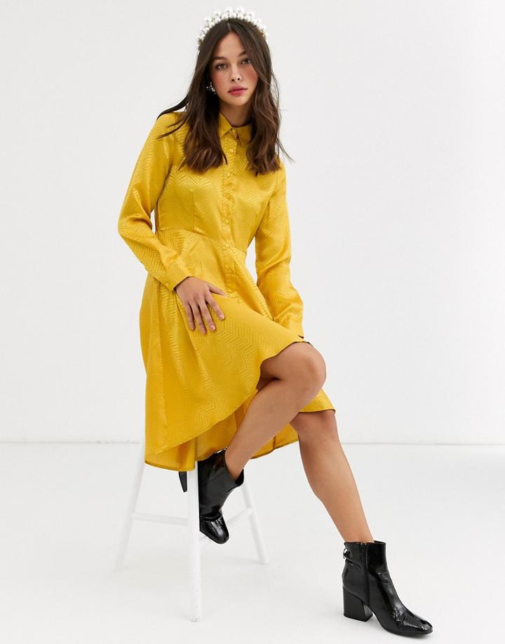 Qed London Satin Jacquard Shirt Dress In Mustard-yellow