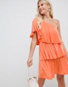 Asos Design Slinky One Shoulder Frill Mini Dress-orange