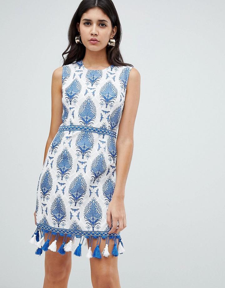 Rare London Embroidered Trim Printed Shift Dress - Blue