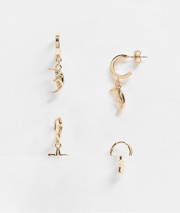 Monki Iona 2 Pack Moon And Star Hoop Earrings In Gold