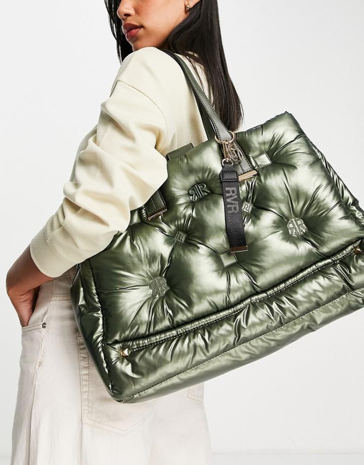 River Island Embroidered Puffer Nylon Shopper In Khaki-green
