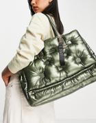 River Island Embroidered Puffer Nylon Shopper In Khaki-green