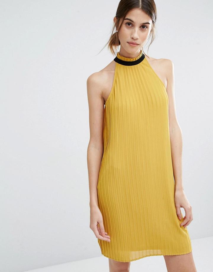 Vero Moda Pleat Ruffle Neck Swing Dress - Yellow