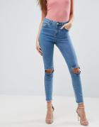 Asos Ridley Skinny Jeans In Luella Pretty Blue With Frill Knee And Arched Raw Hem - Blue