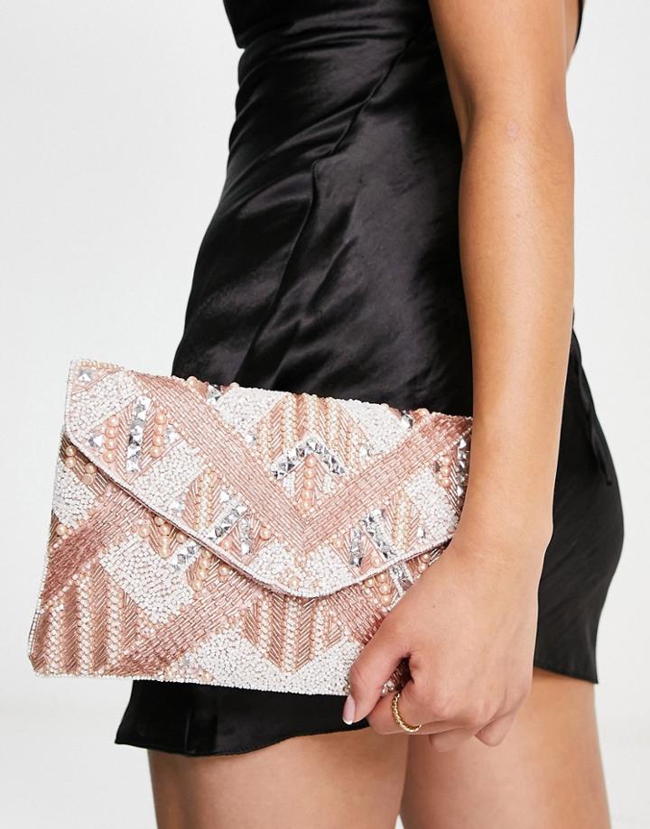 True Decadence Embellished Envelope Clutch Bag With Geometric Beading-pink