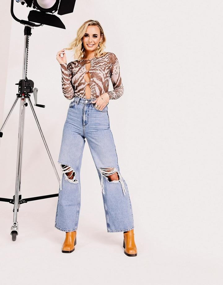 Asos Design Cotton Blend High Rise 'relaxed' Dad Jeans In Brightwash With Rips - Mblue-blues
