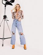Asos Design Cotton Blend High Rise 'relaxed' Dad Jeans In Brightwash With Rips - Mblue-blues