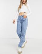 Asos Design Mid Rise Straight Leg Jean With Seams In Midwash-blues