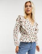 Asos Design Cotton Wrap Top With Ruffle Detail In Floral Print-multi