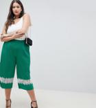 Asos Design Curve Pleated Plisse Culotte Pants With Lace Insert - Green