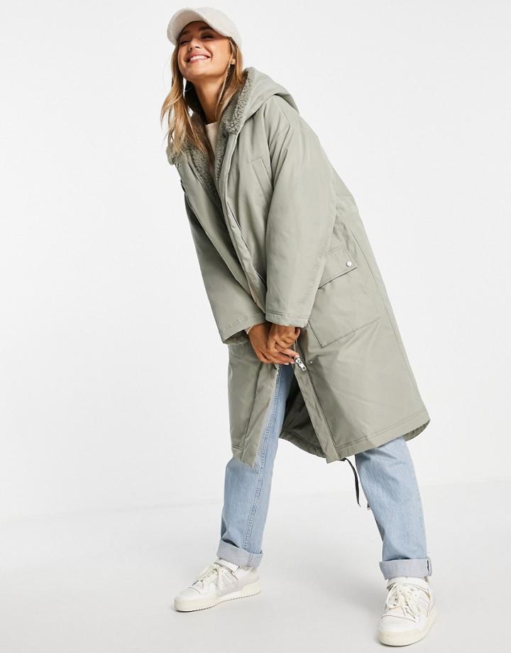 Asos Design Waterfall Parka Coat In Sage-grey