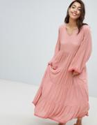 Anmol Maxi Beach Dress With Frill Layer And Embroidered Trim - Pink